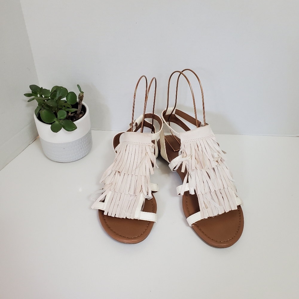 SALE! Old Navy Cream Tiered Fringe Boho Sandals, Size 10
